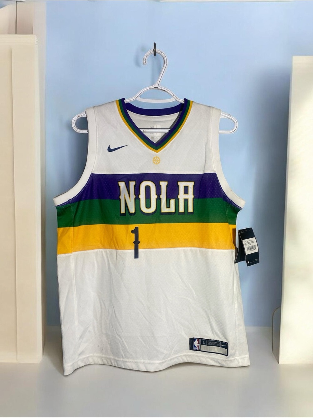 Nike White NOLA Mardi Gras Stripe Basketball Jersey Youth Large 14/16